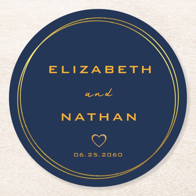 Classy Minimalist Gold Circles Navy Blue Wedding  Round Paper Coaster (Front)
