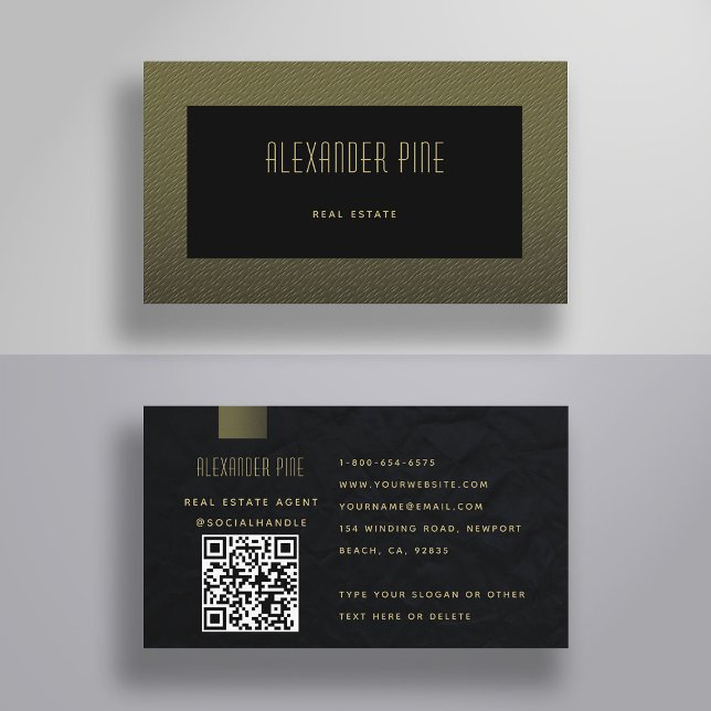 Classy Minimalist QR Code Black Gold Professional Business Card (real estate business card elegant professional modern QR Code classy black gold generic minimalist)