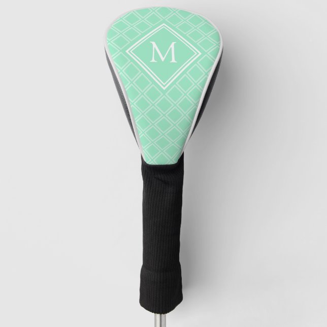 Classy Mint and White Diamond Pattern Monogram Golf Head Cover (Front)