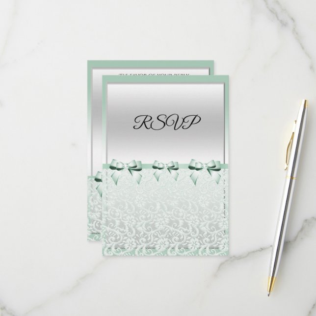 Classy Mint Green Bows & Lace  RSVP Card (Front/Back In Situ)