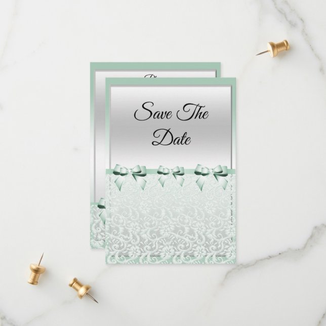 Classy Mint Green Bows & Lace   Save The Date (Front/Back In Situ)