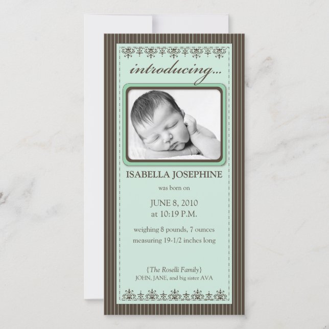 Classy Mint Green Customised Birth Announcement (Front)