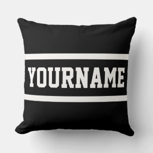 Classy Modern Black Athletic Text White Stripes Cushion