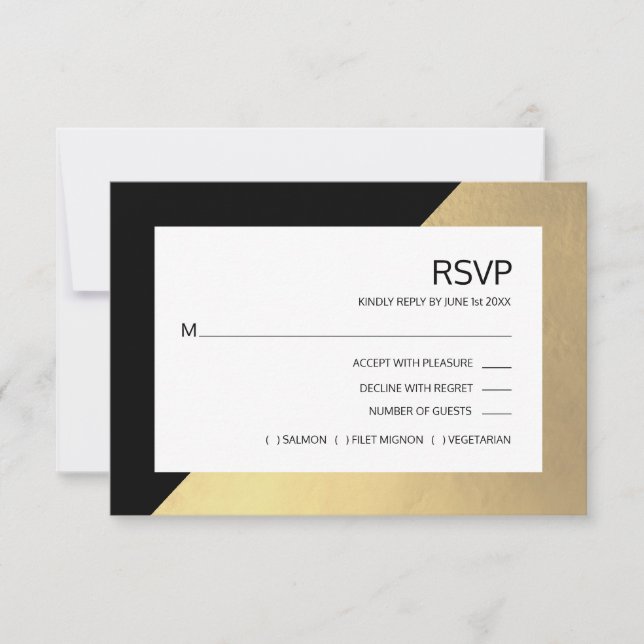 Classy Modern Black Faux Gold Foil RSVP Menu (Front)