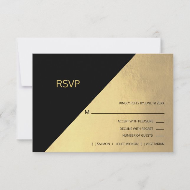 Classy Modern Black & Gold Foil RSVP Menu Wedding (Front)
