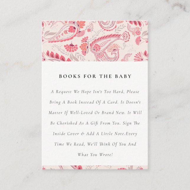 Classy Modern Blush Paisley Books For Baby Shower Enclosure Card (Front)
