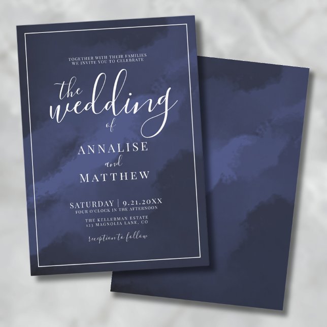 Classy Modern Elegant Watercolor Navy Blue Wedding Invitation (Classy Modern Elegant Watercolor Navy Blue Wedding Invitation )