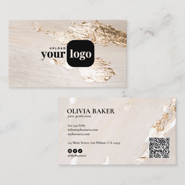 Classy Modern Faux Gold Foil Custom Logo & QR Code Business Card (Front/Back)