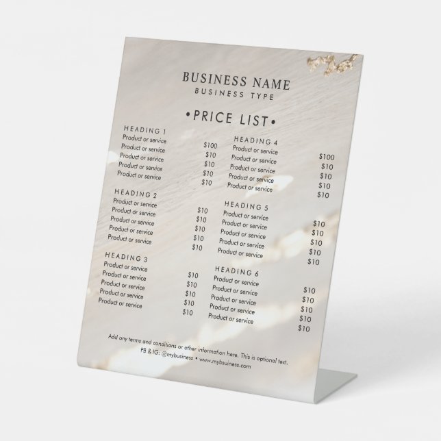 Classy Modern Gold Foil Professional Price List Pedestal Sign (Front)