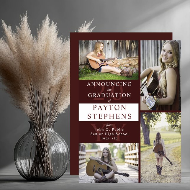 Classy Modern Maroon Photo Graduation Announcement (Classy Modern Maroon Four Photo Collage High School Graduation Announcement - Print | Download)