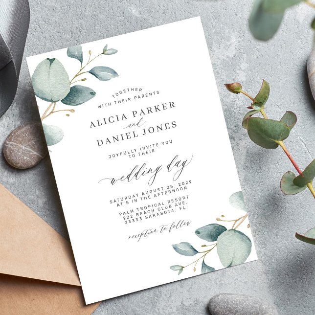 Classy modern minimal eucalyptus greenery wedding invitation (Creator Uploaded)