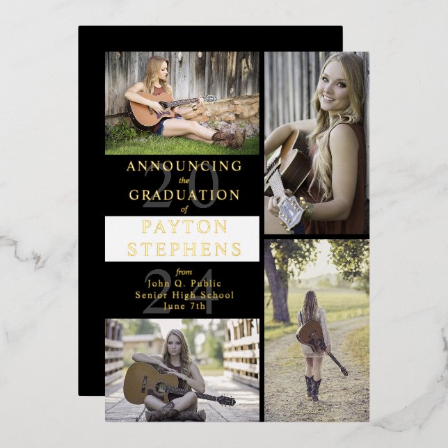 Classy Modern Photo Black | White Graduation (Front/Back)