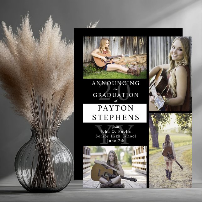 Classy Modern Photo Black | White Graduation Announcement (Classy Modern Four Photo Collage Black and White Graduation Announcement - Print and/or Download)