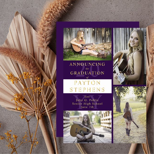 Classy Modern Photo Purple | White Graduation Gold (Elegant and Classy Modern Four Photo Collage Purple and White Gold Foil Graduation Announcement)