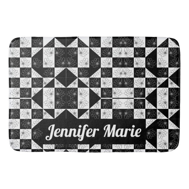 Classy monochrome chequered floral triangles bath mat (Front)