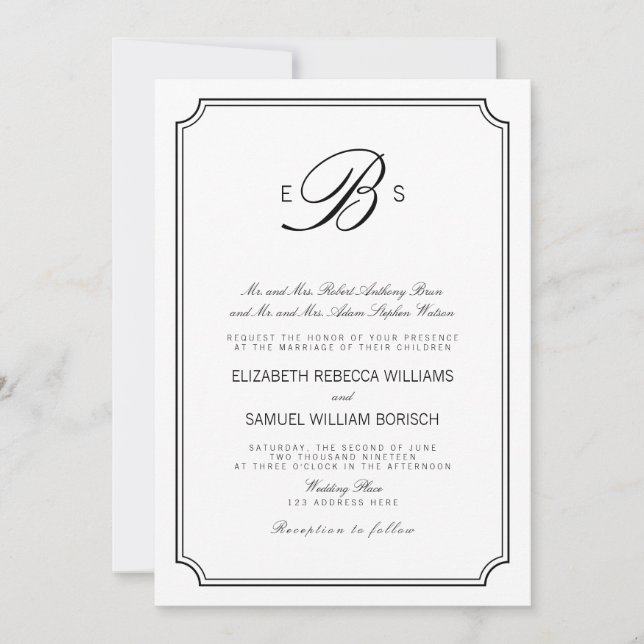Classy Monogram Elegant White Black Wedding Invite (Front)