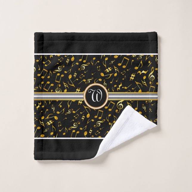 Classy Monogram FAUX Gold Music Notes on BLACK Bath Towel Set (Wash Cloth)