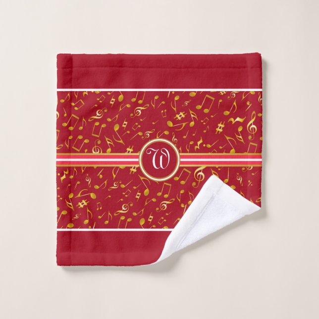Classy Monogram FAUX Gold Music Notes on RED Bath Towel Set (Wash Cloth)
