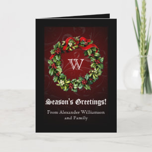 Classy Monogram Holly Wreath Holiday Card