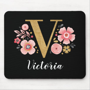 Classy Monogram Initial Pink Black Letter V Mouse Pad