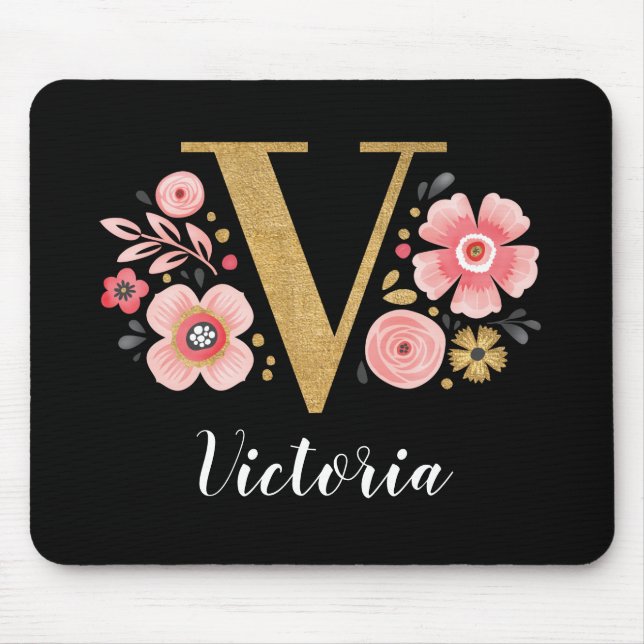 Classy Monogram Initial Pink Black Letter V Mouse Pad (Front)