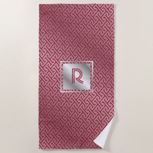 Classy Monogram Red Silver Interlocking Pattern Beach Towel