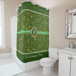 Classy Monogram with Gold Music Notes on GREEN Shower Curtain