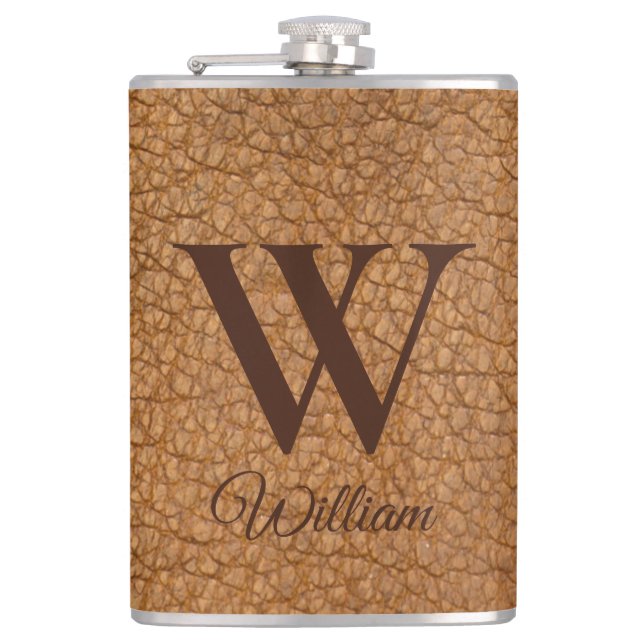 Classy Monogrammed Initial Brown Faux Leather  Fla Hip Flask (Front)