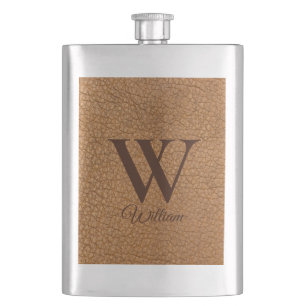Classy Monogrammed Initial Brown Faux Leather  Hip Flask