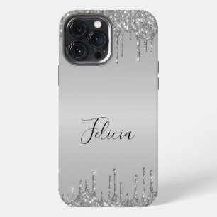 Classy Monogrammed Silver Dripped Glitter iPhone 13 Pro Max Case