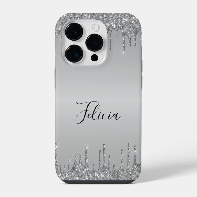 Classy Monogrammed Silver Dripped Glitter iPhone Case (Back)