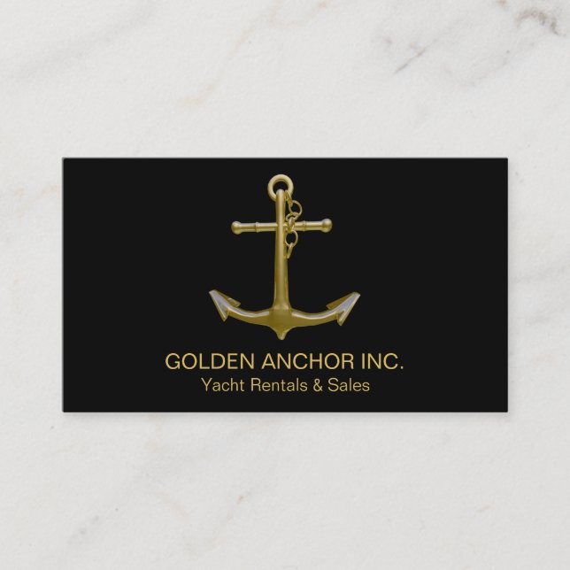 Classy Nautical Gold Anchor on Black Business Card (Front)