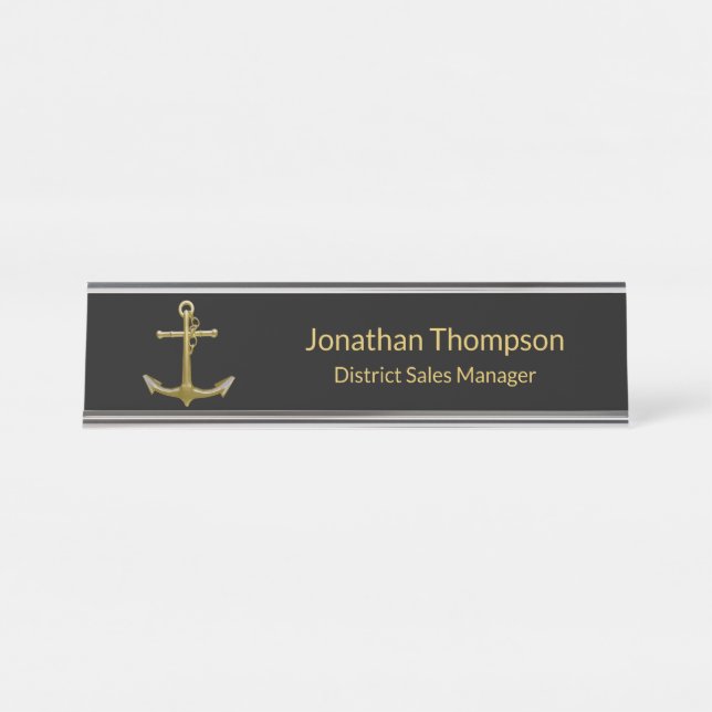 Classy Nautical Gold Anchor on Black Desk Name Plate (Front)
