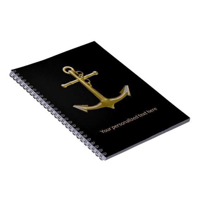 Classy Nautical Gold Anchor on Black Notebook (Right Side)