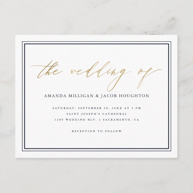 Classy Nautical Navy Blue & Gold Script Wedding Invitation Postcard (Front)