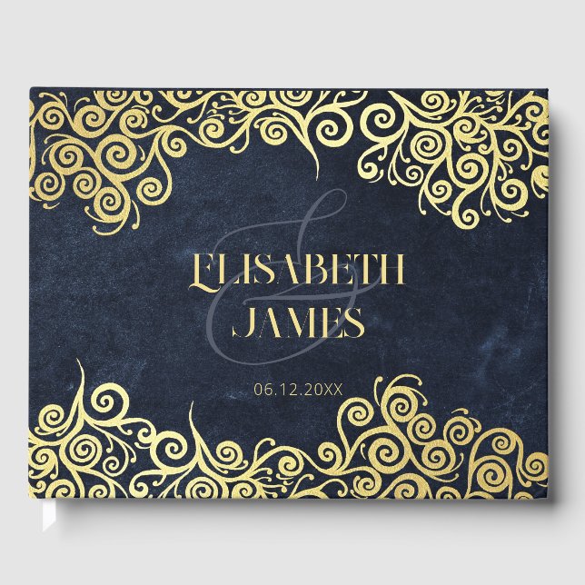      Classy Navy Blue And Gold Boho Swirls Wedding Guest Book (Front)