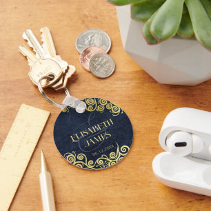 Classy Navy Blue And Gold Boho Swirls Wedding Key Ring