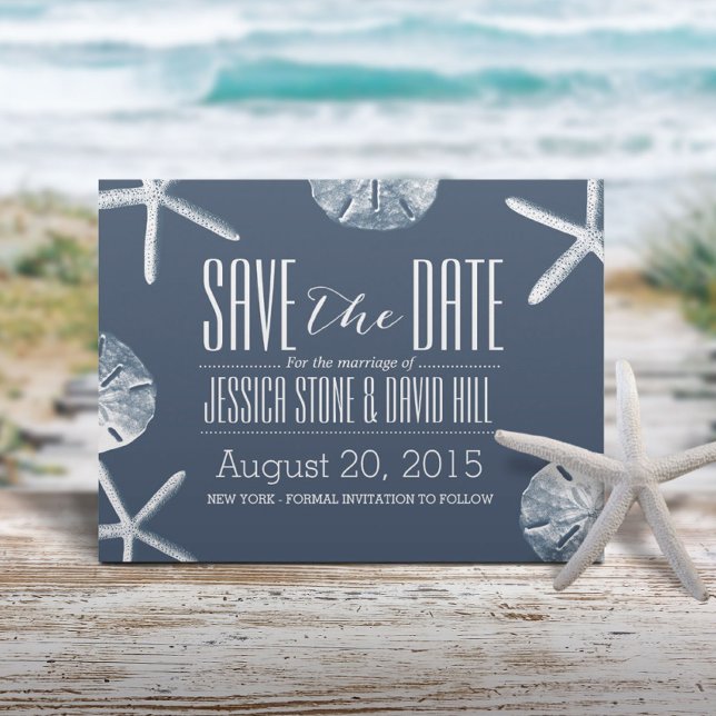 Classy Navy Blue Beach Theme Wedding Save the Date Announcement Postcard (Creator Uploaded)