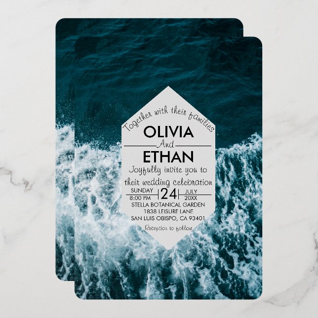 Classy navy blue coastal Wedding Foil Invitation (Front/Back)