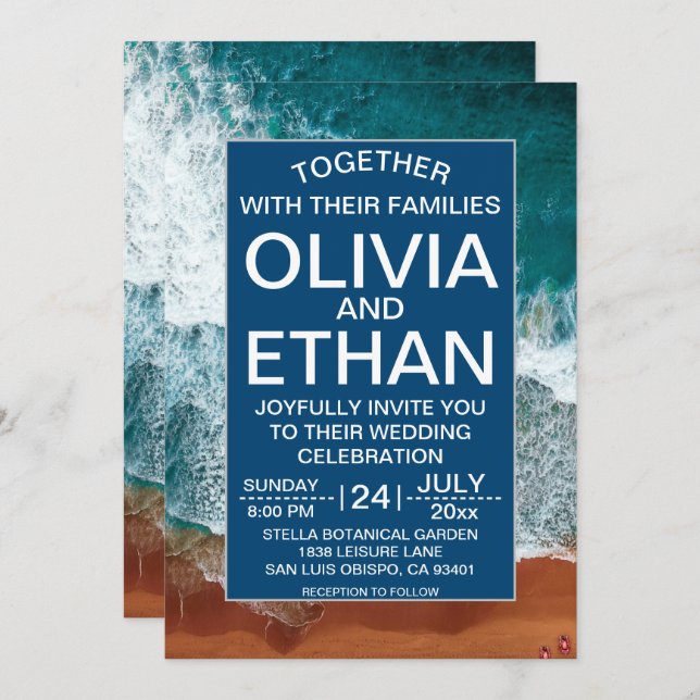 Classy navy blue coastal Wedding Invitation (Front/Back)