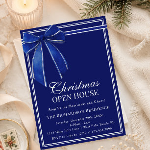 Classy Navy Blue Coquette Bow Christmas Open House Invitation