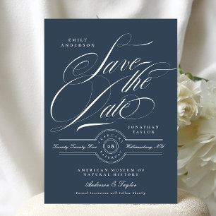 Classy Navy Blue Elegant Calligraphy Non-Photo Save The Date