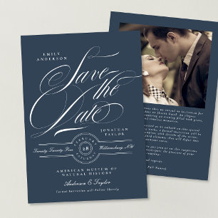 Classy Navy Blue Elegant Calligraphy Photo Save The Date