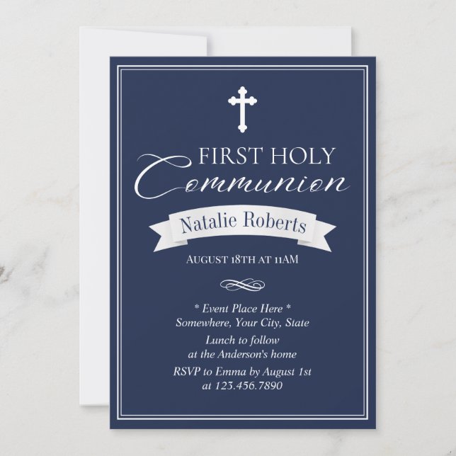 Classy Navy Blue First Holy Communion Invitation (Front)