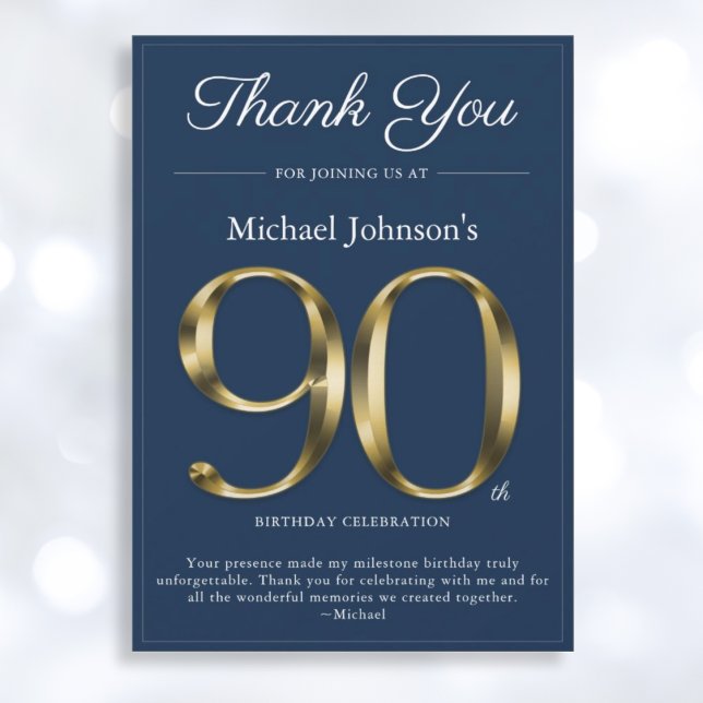 Classy Navy Blue Gold 90th Birthday Thank You Card (Mockup View)