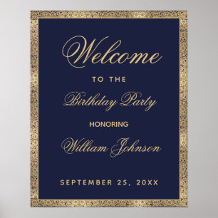 Classy Navy Blue Gold Birthday Party Welcome Sign