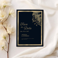 Classy navy blue gold floral lace Save the Date 