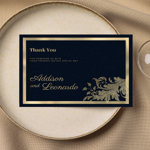 Classy navy blue gold floral lace Thank You Invitation