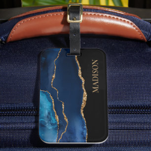 Classy Navy Blue Gold Glitter Black First Name Luggage Tag