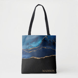 Classy Navy Blue Gold Glitter Black First Name Tote Bag